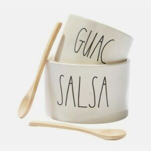 NWT Rae Dunn SALSA GUAC Dip Bowl Set Ceramic Magenta with Spoons